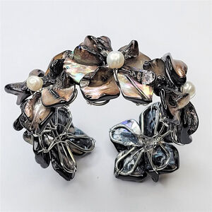 Grey Cuff Bracelet Freshwater Pearl and Mother Of Pearl Bangle NEW